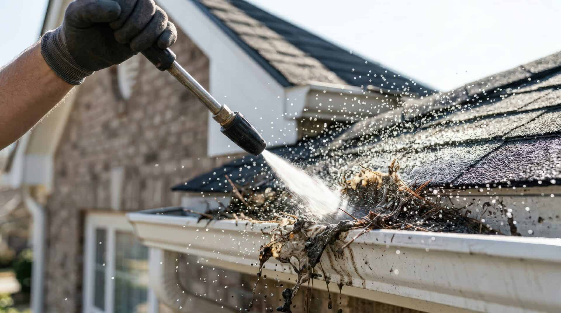 Person’s gloved hand using a pressure washer to clean a dirty house gutter. Water blasting debris from residential roof drainage system.